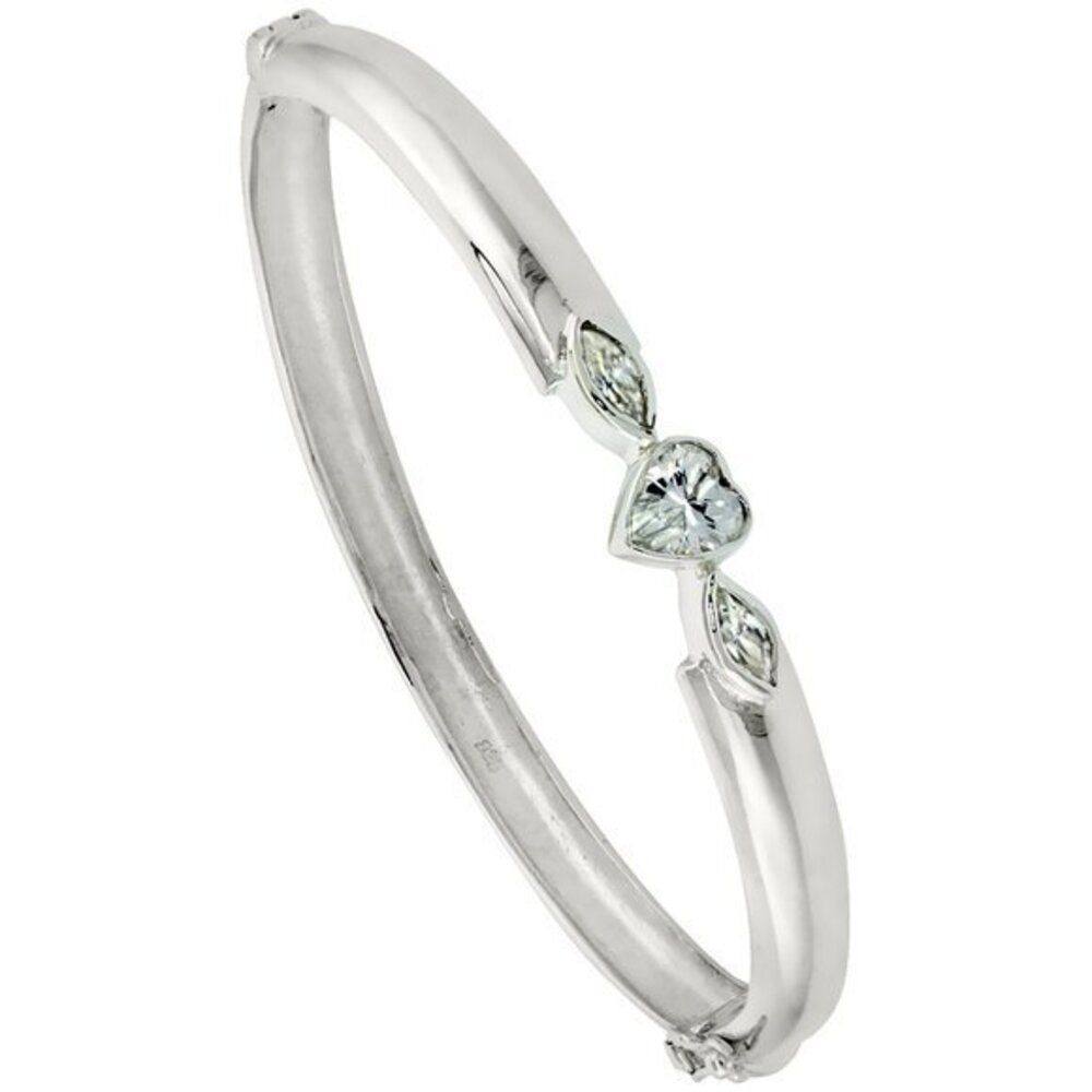 Sterling Silver Bangle Bracelet High Polished Heart Cubic Zirconia 7.5" inches